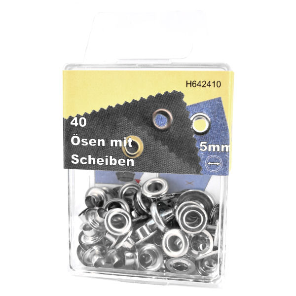 Ösen + Scheiben Ø 5 mm nickel | Dose á 40 Stück mit Werkzeug