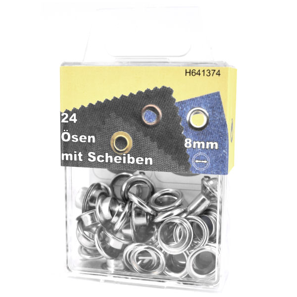 Ösen + Scheiben Ø 8 mm nickel | Dose á 24 Stück mit Werkzeug