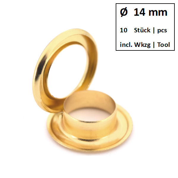 Ösen + Scheiben Ø 14 mm gold | Dose á 10 Stück mit Werkzeug