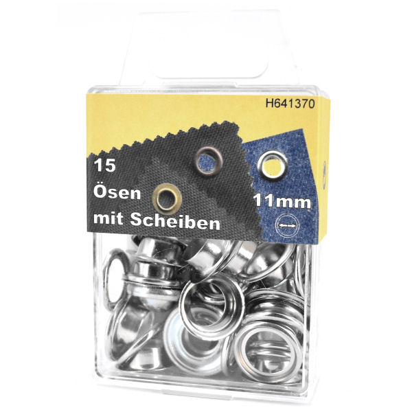 Ösen + Scheiben Ø 11 mm nickel | Dose á 15 Stück mit Werkzeug