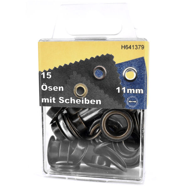 Ösen + Scheiben Ø 11 mm altmessing | Dose á 15 Stück mit Werkzeug