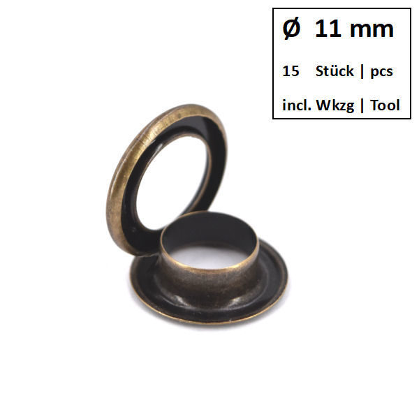Ösen + Scheiben Ø 11 mm altmessing | Dose á 15 Stück mit Werkzeug Ösen + Scheiben Ø 11 mm altmessing | Dose á 15 Stück mit Werkzeug