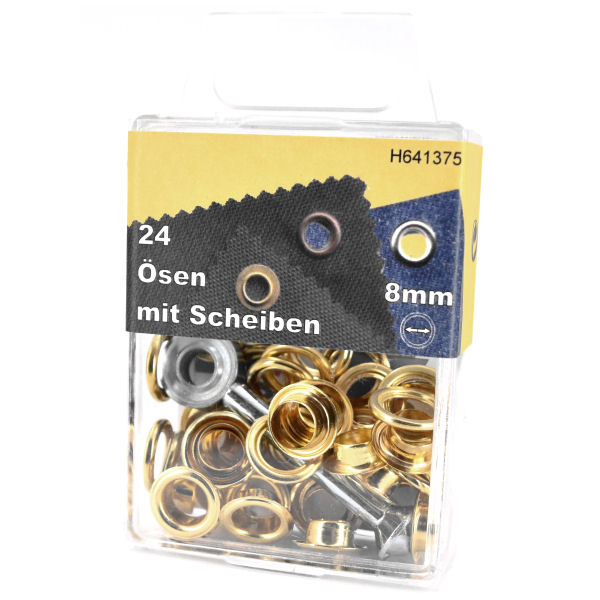 Ösen + Scheiben Ø 8 mm gold | Dose á 24 Stück mit Werkzeug